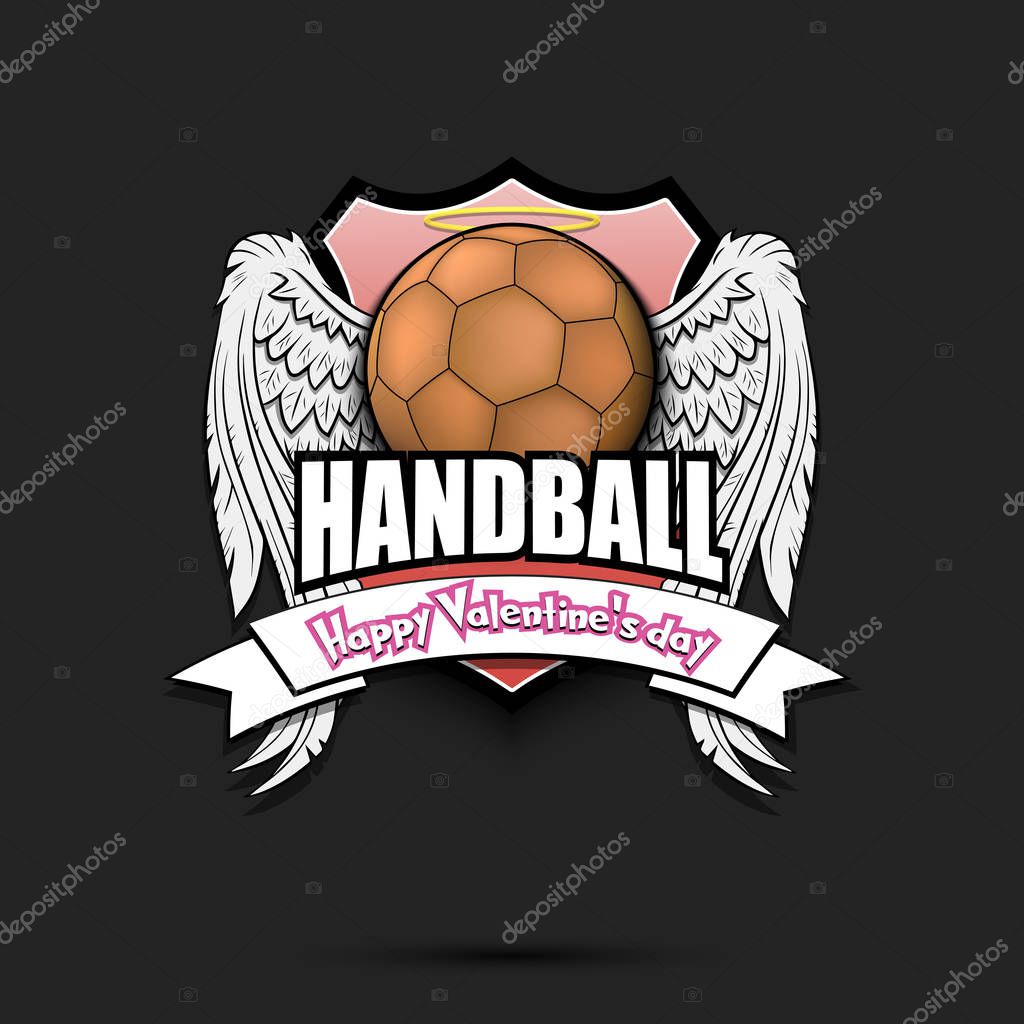 Happy Valentine day. Handball logo template design. Handball ball with wings and nimbus. Pattern for banner, poster, greeting card, party invitation. Vector illustration