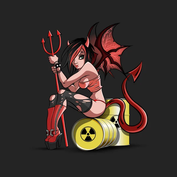 Sexy diabo menina sentado no barris de radiação — Vetor de Stock