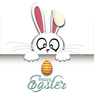 Mutlu Paskalyalar. Beyaz Paskalya tavşanı ve yumurtası