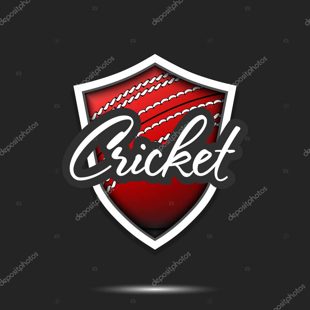 Cricket logo design template. Cricket emblem pattern. Cricket ball and shield with vintage lettering on an isolated background. Print on t-shirt graphics. Vector illustration