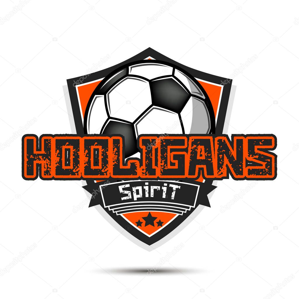 Football hooligans spirit. Football logo design template. Soccer emblem pattern. Vintage style on isolated background. Print on t-shirt graphics. Vector illustration