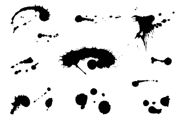 Set de taches et éclaboussures d'encre faits à la main noir — Image vectorielle