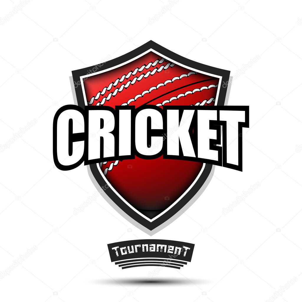 Cricket logo design template. Cricket emblem pattern. Cricket ball and shield with vintage lettering on an isolated background. Print on t-shirt graphics. Vector illustration