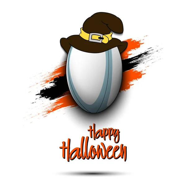 Rugby ball avec chapeau de sorcière et heureux Hallowen — Image vectorielle