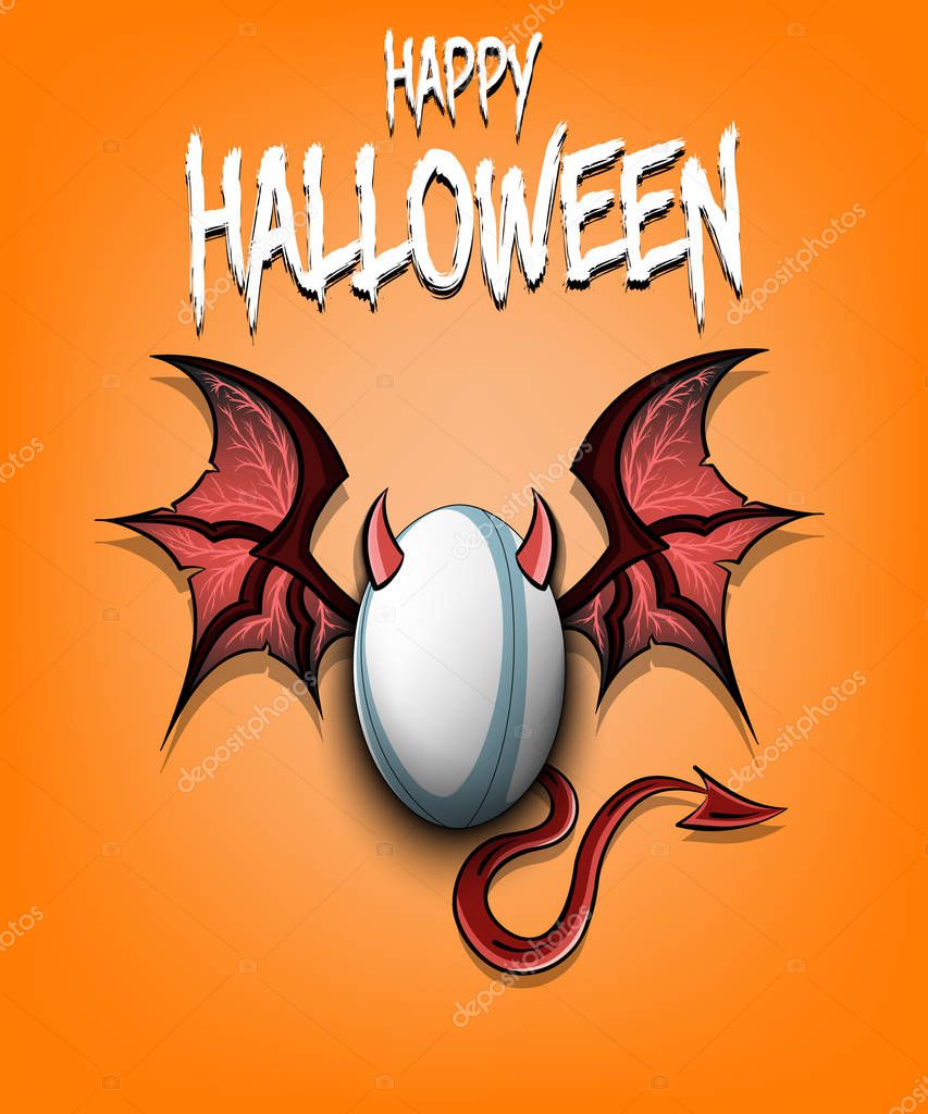 Happy Halloween. Devil rugby ball. Rugby ball with horns, wings and devil tail. Design pattern for banner, poster, greeting card, flyer, party invitation. Vector illustration