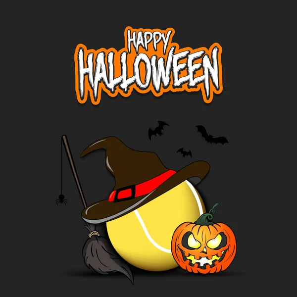 Balle de tennis avec chapeau de sorcière et heureux Hallowen — Image vectorielle