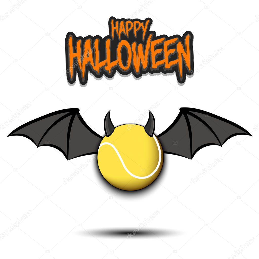 Happy Halloween. Devil tennis ball. Tennis ball with horns and wings. Design pattern for banner, poster, greeting card, flyer, party invitation. Vector illustration