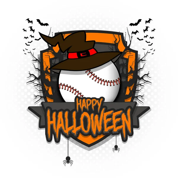 Pelota de béisbol con sombrero de bruja y Hallowen feliz — Vector de stock