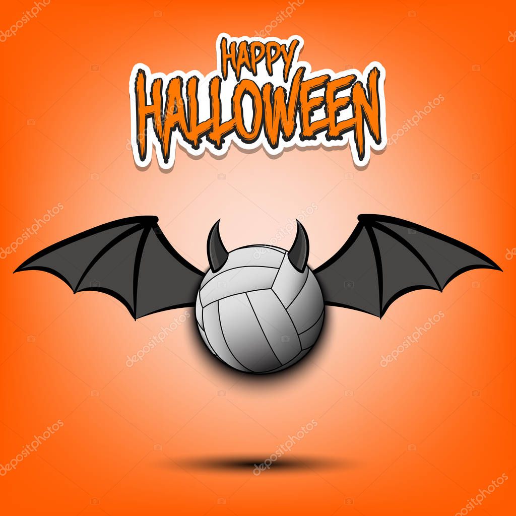 Happy Halloween. Devil volleyball ball. Volleyball ball with horns and wings. Design pattern for banner, poster, greeting card, flyer, party invitation. Vector illustration