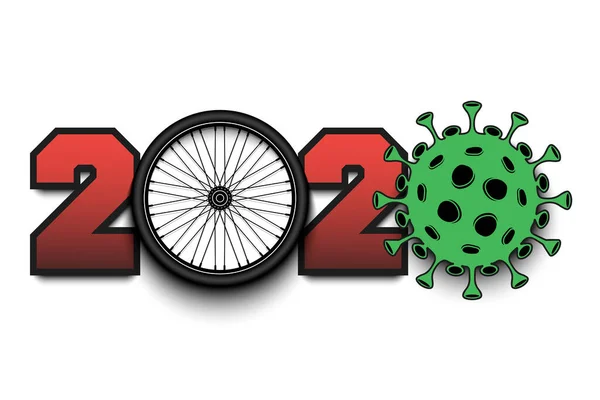 2020 y signo coronavirus con rueda de bicicleta — Archivo Imágenes Vectoriales