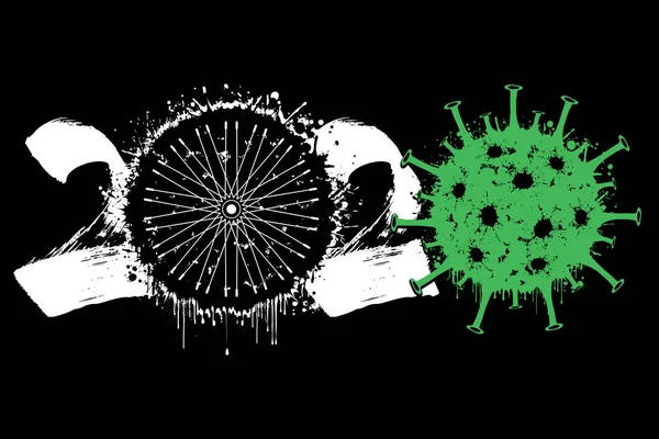 2020 y signo coronavirus con rueda de bicicleta — Archivo Imágenes Vectoriales