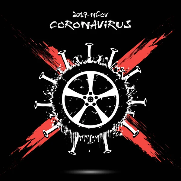 Coronavirus skylt med bilhjul — Stock vektor