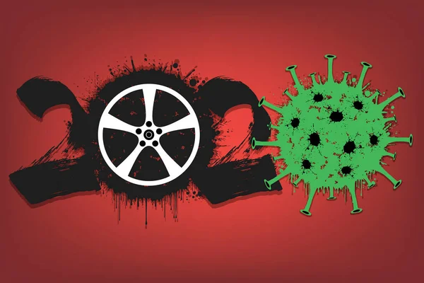 2020 рік та коронавірусний знак з автомобільним колесом — стоковий вектор