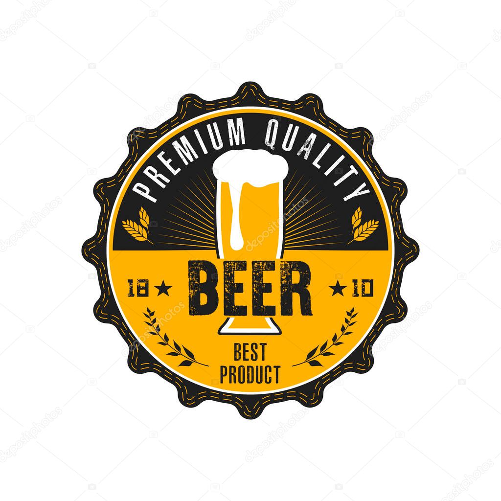 Beer logo. Pattern for design emblem, icon, label, banner. Print on t-shirt graphics. Design template on isolated background. Vintage style. Vector illustration