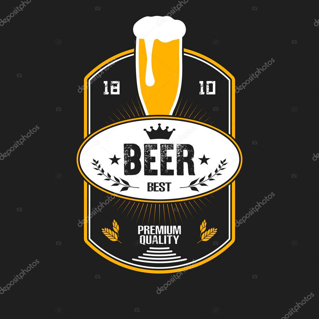 Beer logo. Pattern for design emblem, icon, label, banner. Print on t-shirt graphics. Design template on isolated background. Vintage style. Vector illustration