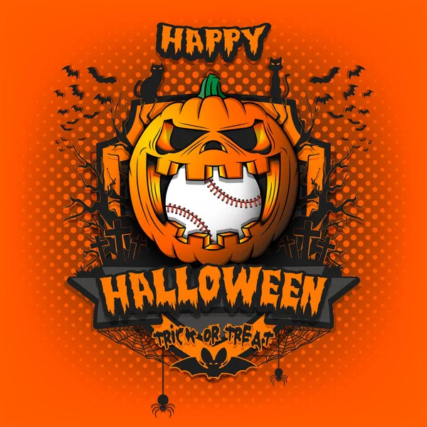 Happy Halloween. Baseball ball inside pumpkin — Stock Vector