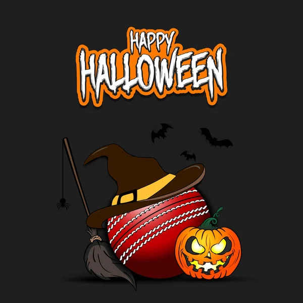 Balle de cricket avec chapeau de sorcière et heureux Hallowen — Image vectorielle