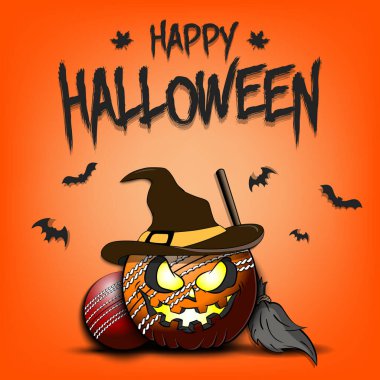 Mutlu Cadılar Bayramı. Şablon Kriket tasarımı. Cadı şapkasıyla kabak şeklinde kriket topu gibi izole bir arka planda. Pankart, poster, tebrik kartı, davetiye. Vektör illüstrasyonu