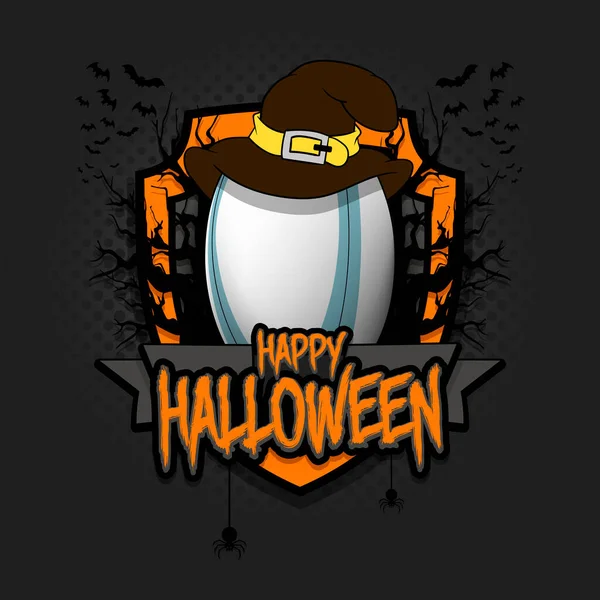 Rögbi labda boszorkány kalappal és boldog Hallowen — Stock Vector