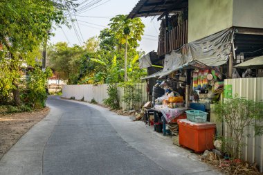 Tayland-26 Ocak 2025: Yeşillik bitki örtüsü, su yolları, doğal yaşam alanları ve tarım arazileri boyunca uzanan küçük bir ağın parçası olan tipik bir ana yol.