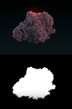 Alfa kanalı ile karanlıkta siyah duman ile büyük patlama. 3D render