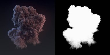 Alfa kanalı içeren bir patlamadan sonra koyu duman tehlikeli ve dramatik bulut 3d render