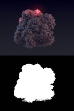 Alfa kanalı ile karanlıkta siyah duman ile büyük patlama. 3D render