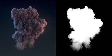 Tehlikeli ve dramatik bir alfa kanalı içeren bir patlamadan sonra koyu duman bulutu. 3D render