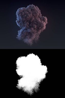 Tehlikeli ve dramatik bir alfa kanalı içeren bir patlamadan sonra koyu duman bulutu. 3D render