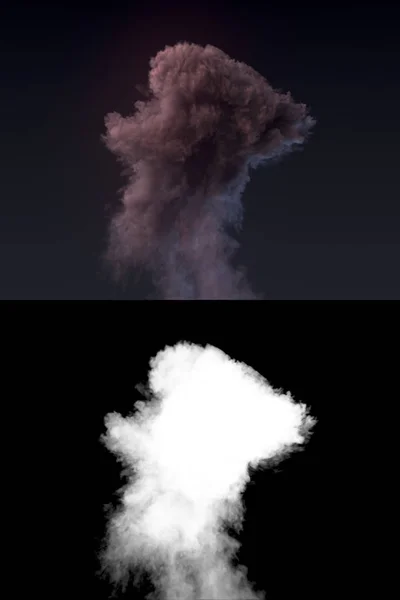 Tehlikeli ve dramatik bir alfa kanalı içeren bir patlamadan sonra koyu duman bulutu. 3D render