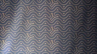 3D render soyut. Metal bir yüzeye altın dalgalı çizgi deseni. Bilgisayar döngü animasyon oluşturulan. Modern arka plan tasarım poster, kapak, marka, afiş, tasarlamak için. 4k Uhd