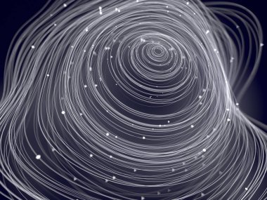 Karanlık bir arka plan üzerinde küçük boncuklar ile hipnotik dalgalı beyaz yüzük. Sihirli kavramı. 3D render