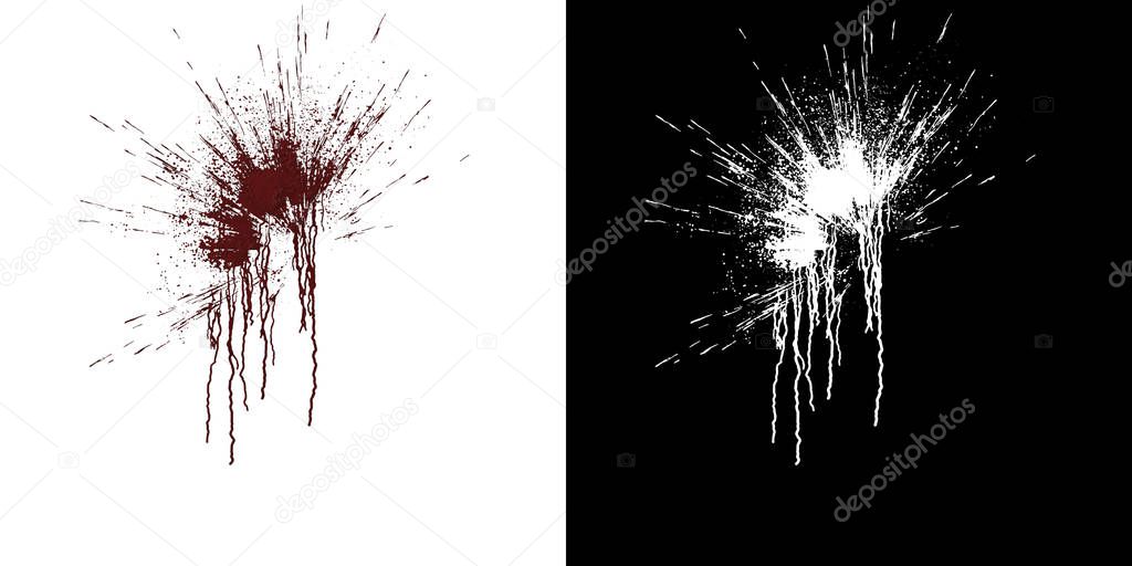 Computer simulation of splashes and blood flows on a white wall. Digital illustration with alpha matte to compose. 3d rendering