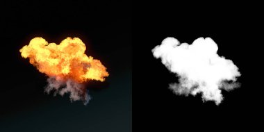 Alfa kanalı ile karanlıkta siyah duman ile büyük patlama. 3D render