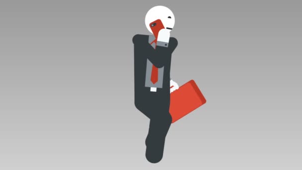 2d carácter caminar ciclo, animación en bucle sin costuras. El hombre de negocios corre con la bolsa y habla móvil. Alpha Matte. Full HD — Vídeos de Stock