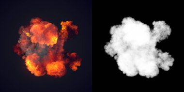 Large explosion with black smoke in dark with alpha channel. Top view. 3d rendering clipart