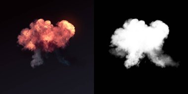 Alfa kanalı ile karanlıkta siyah duman ile büyük patlama. 3D render