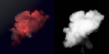 Alfa kanalı ile karanlıkta siyah duman ile büyük patlama. 3D render