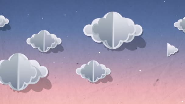 Farbhimmel bei Sonnenuntergang voller Wolken, die sich von rechts nach links bewegen. Cartoon Paper Cut Art Design Hintergrund. 3D-Darstellung — Stockvideo