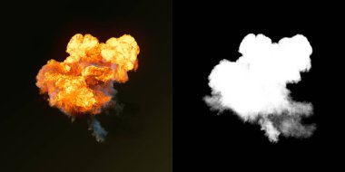 Alfa kanalı ile karanlıkta siyah duman ile büyük patlama. 3D render