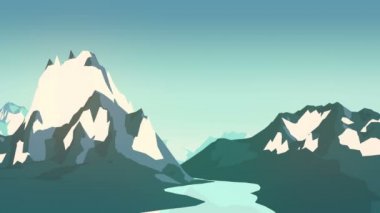 Düz kış manzara arka plan Dağları ve ağaçları ile animasyon. 3D render. 4k, Ultra Hd kararlılık