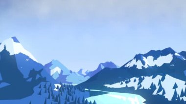 Düz kış manzara arka plan Dağları ve ağaçları ile animasyon. 3D render. 4k, Ultra Hd kararlılık