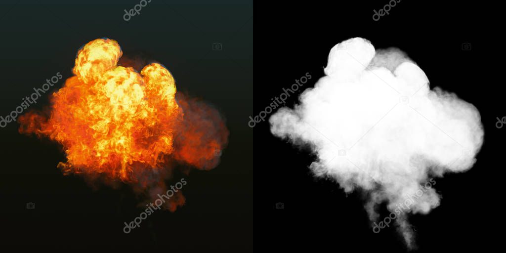 Large explosion with black smoke in dark with alpha channel. 3d rendering