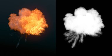 Alfa kanalı ile karanlıkta siyah duman ile büyük patlama. 3D render
