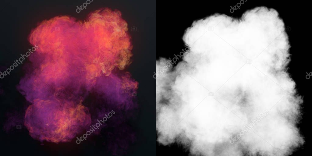 Chemical cloud of pink smoke mixing on black background with alpha channel. 3d rendering