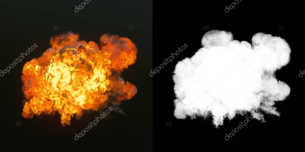 Large explosion with black smoke in dark with alpha channel. 3d rendering
