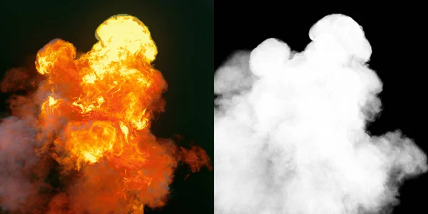 Mohutná exploze s černého kouře v tmavých plus alfa kanálu. 3D vykreslování — Stock fotografie