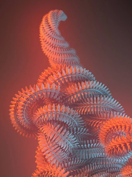 Forma rizada futurista abstracta rodeada de niebla de color rojo. Ilustración geométrica por ordenador. renderizado 3d —  Fotos de Stock