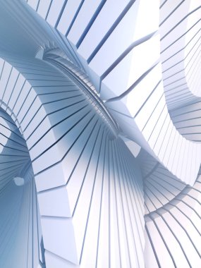 Beyaz desen futuristik geometrik şekiller sis tarafından çevrili. Bilgisayar geometrik şekil oluşturulan. 3D render