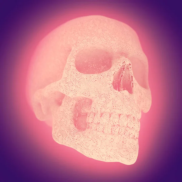 Комп'ютер генерує абстрактний пластиковий череп, оточений рожевим туманом. Геометричний сучасний візерунок. 3D візуалізація — стокове фото